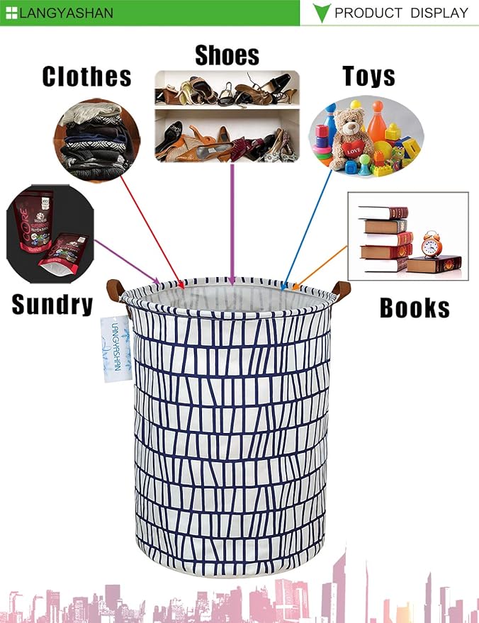 Laundry Basket Canvas Fabric Collapsible Organizer Basket for Storage Bin Toy Bins Gift Baskets Bedroom Clothes Children Nursery Hamper (Blue Stripes)