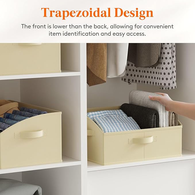 Lifewit Trapezoid Closet Storage Bins for Shelf, 6 Packs Non-woven Closet Organizer Baskets with Handles, Foldable Clothes Containers Boxes for Clothing, Book, Purse, 19L, Large, Beige