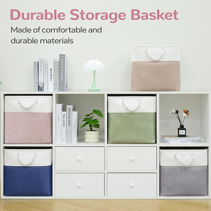 12 x 12 Inch Cube Storage Bins, 4 Pack Fabric Storage Basket with Handles, Foldable Boxes Organizer for Shelf Baskets for Home, Clothes (White/Pink)