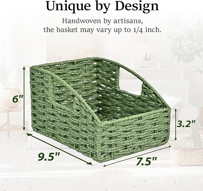 Storage Basket, 2 Pack Handwoven Round Paper Rope Pantry Baskets for Organizing with Handles, Iron Frame Support Baskets for Shelves,Trapezoid Wicker Basket for Home Decor, Green