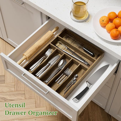 Kiasthome Acacia Wood Silverware Drawer Organizer, Kitchen Utensil Cutlery Drawer Organizer with Grooved Dividers, Flatware Organizer Silverware Tray Holder for Spoon, Fork, 13''x16.9'' (7 Slots)