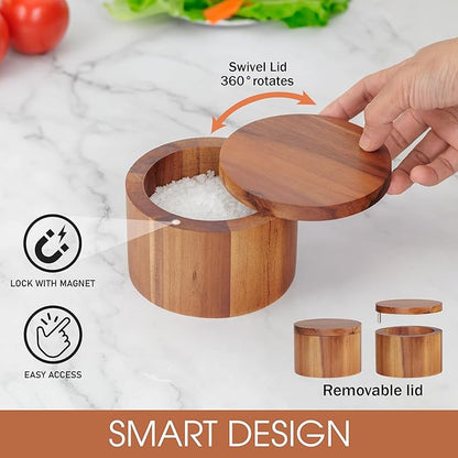 Demigo Acacia Salt Cellar 9 Ounces Capacity, Wood Salt Box With Swivel Cover, Spice Keeper, Wood Jar For Kitchen, Perfect For Keeping Table Salt, Gourmet Salts, Herbs or Favorite Seasonings