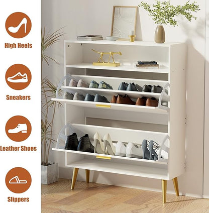 JOZZBY Shoe Cabinet for Entryway, White Narrow Shoe Storage Cabinet with 2 Flip Drawers, Freestanding Hidden Shoe Rack Storage with Open Shelves for Hallway, Living Room, Set of 2