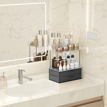 Bathroom Countertop Organizer with 2-Drawer, Large 3 Tier Makeup Organizer for Vanity, Multi-Purpose Makeup Skin Care Organizer for Vanity, Black