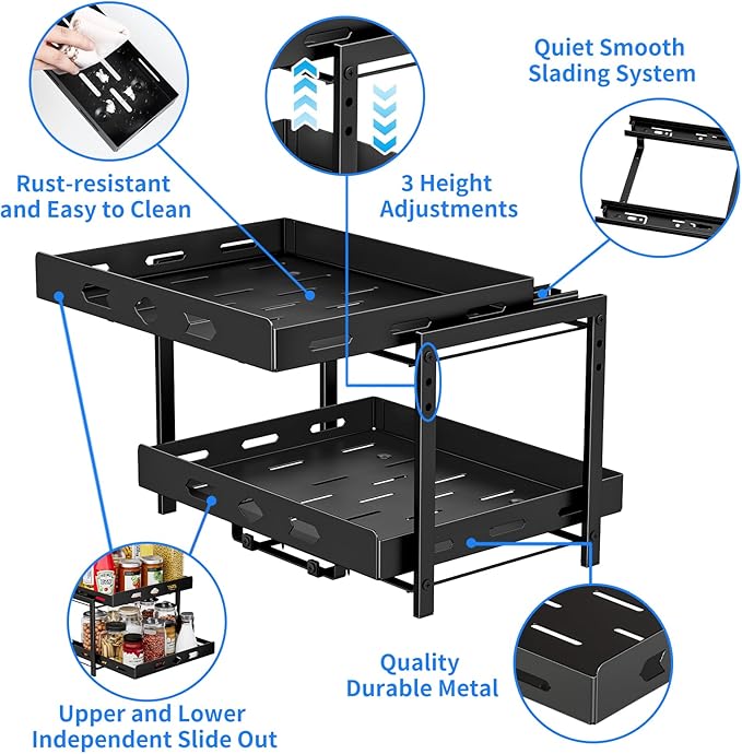 BOIVSHI Spice Organization for Cabinet, 2-Tier Cabinet Spice Rack, Height Adjustable Vertical Spice Rack Pull Out for Kitchen, Cabinet, Pantry (14.1''Wx10.8''Dx9.2''H, Metal Black)