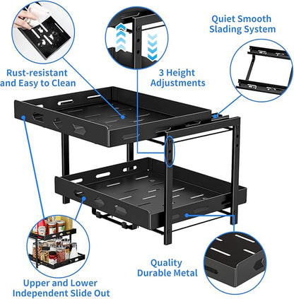 BOIVSHI Spice Organization for Cabinet, 2-Tier Cabinet Spice Rack, Height Adjustable Vertical Spice Rack Pull Out for Kitchen, Cabinet, Pantry (14.1''Wx10.8''Dx9.2''H, Metal Black)