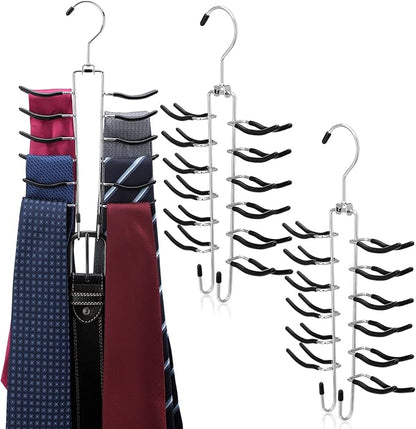 Kathfly 3 Pcs Swivel Tie and Belt Hanger for Closet with 26 Metal Hooks, Necktie Organizer for Men, Large Capacity Tie and Belt Chrome Hanger， 360 Degree Swivel Space Saving Organizer, Black