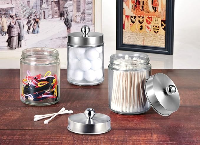 Amolliar Apothecary Jars Bathroom Vanity Organizer -Countertop Canister Jar with Storage Lid - Qtip Dispenser Holder Glass for Qtips,Cotton Swabs,Makeup Sponges,Hair Band - Brushed Nickel (2 Pack)