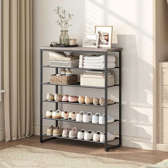 HOOBRO Shoe Rack, 6-Tier Shoe Organizer, for 18-24 Pairs of Shoes, Large Capacity Shoe Storage Shelf, for Entryway, Closet, Hallway, Dorm Room, Industrial, Greige and Black BG67XJ01G1