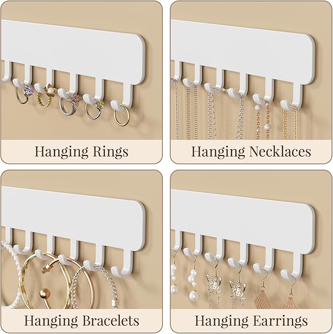 Wall-Mounted Jewelry Organizer, Self-Adhesive Hanging Holder with Hooks for Necklaces, Bracelets, Earrings - Display Storage for Women, 2PCS,White