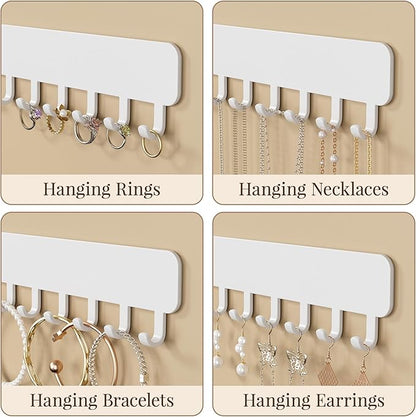 Wall-Mounted Jewelry Organizer, Self-Adhesive Hanging Holder with Hooks for Necklaces, Bracelets, Earrings - Display Storage for Women, 2PCS,White