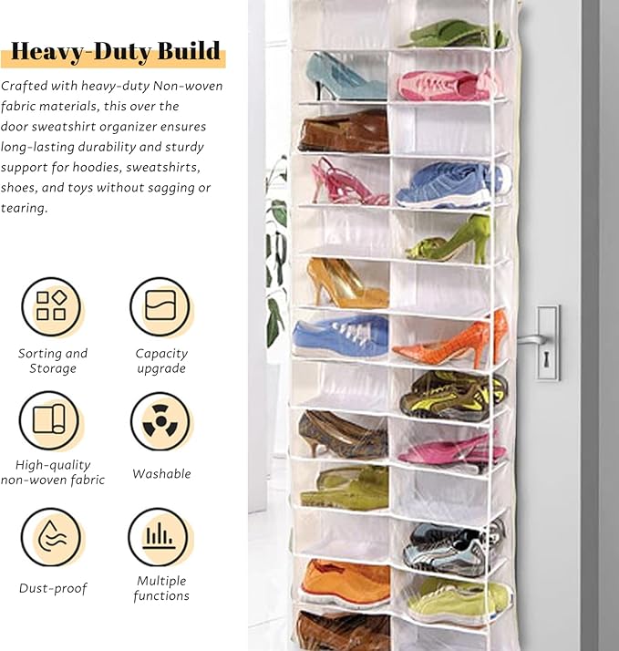 Over the Door Sweatshirt Organizer with 26 Clear Pockets Heavy Duty Hanging Storage for Hoodies Shoes Toys Towels Space Saving Door Organiser for Bedroom Closet