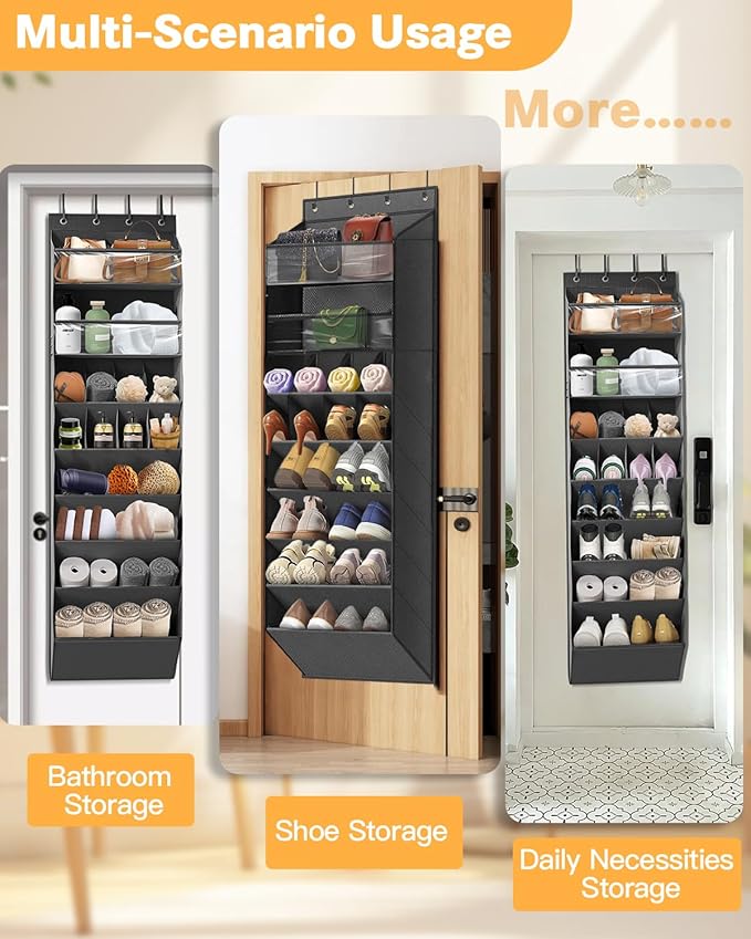 Over The Door Shoe Storage Organizer, 8 Tiers Hanging Shoe Rack Behind Door Shoe Holder with 6 Large Deep Pockets 8 Small Pockets, Narrow Shoe Rack for Closet Bedroom Bathroom Nursery RV Dorm, Black
