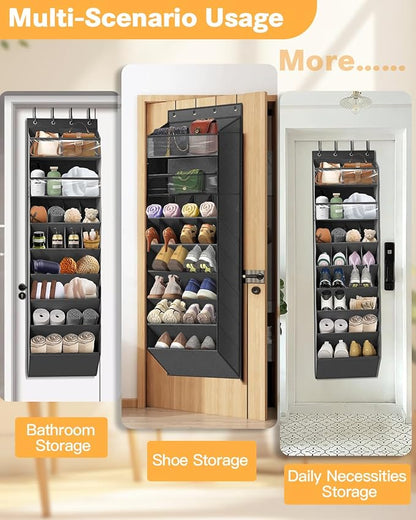 Over The Door Shoe Storage Organizer, 8 Tiers Hanging Shoe Rack Behind Door Shoe Holder with 6 Large Deep Pockets 8 Small Pockets, Narrow Shoe Rack for Closet Bedroom Bathroom Nursery RV Dorm, Black