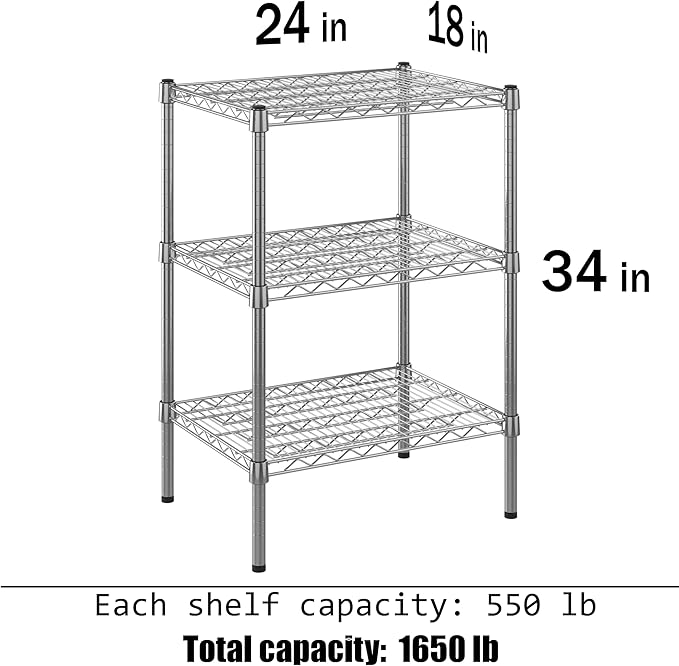 18" Deep x 24" Wide x 34" Height Wire Shelving Kit | 3-Tier |NSF Commercial Storage Rack Unit