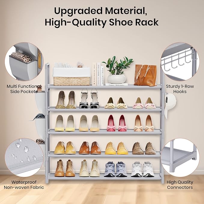 VILICK Shoe Rack for Closet Shoe Organizer Space Saver Storage for 20-25 Pair Shoe Shelf with Hook and Side Pocket Free Standing 5 Tier Shoe Rack Organizer for Entryway,Small Spaces, Grey