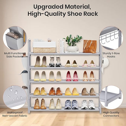 VILICK Shoe Rack for Closet Shoe Organizer Space Saver Storage for 20-25 Pair Shoe Shelf with Hook and Side Pocket Free Standing 5 Tier Shoe Rack Organizer for Entryway,Small Spaces, Grey