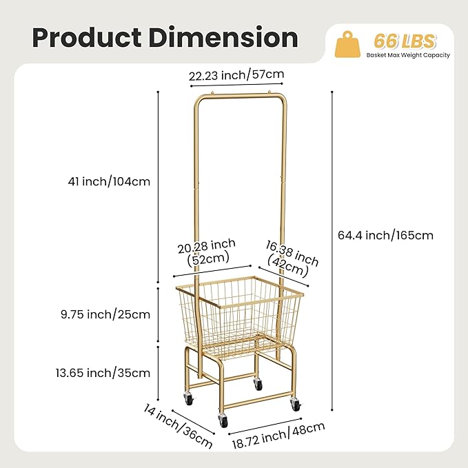Rolling Laundry Cart with Wheels, Laundry Hamper Basket Organizer with Clothes Hanging Rack, Wire Storage Cloth Shelf Butler, Golden