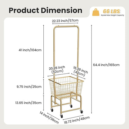 Rolling Laundry Cart with Wheels, Laundry Hamper Basket Organizer with Clothes Hanging Rack, Wire Storage Cloth Shelf Butler, Golden
