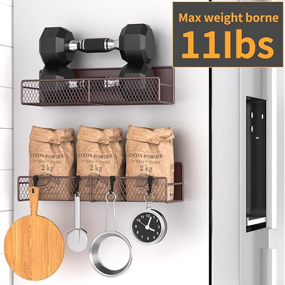 Magnetic Spice Rack for Refrigerator, 2 Pack 100% Metal Strong Magnet Shelf, Space Saving Spice Organizer W/ Hooks, Movable Magnetic Fridge Shelf, Kitchen Home Laundry Room Storage Organization, Brown