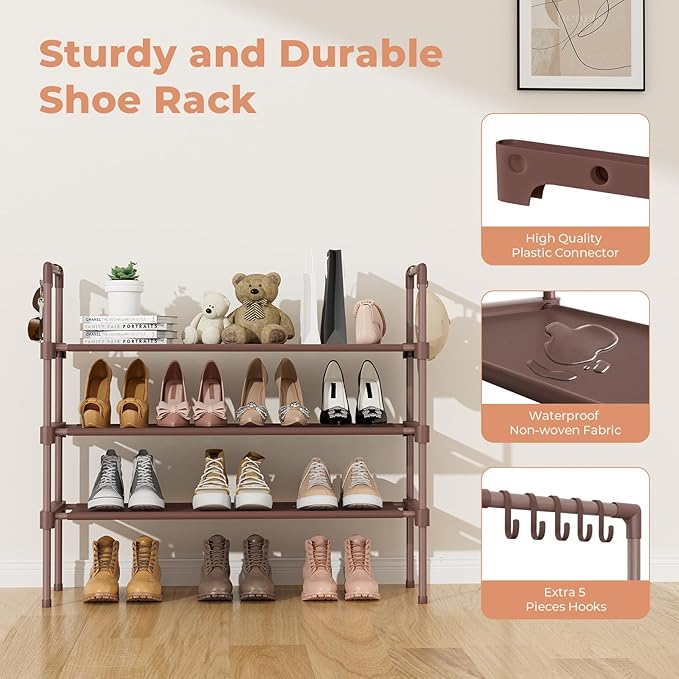 LANTEFUL 3 Tier Shoe Rack for Closet Shoe Organizer with 5 Hooks, Long Shoe Shelf Storage for Shoe and Boot Stackable Free Standing Shoe Rack for Entryway, Garage, Small Spaces, Dorm, Brown