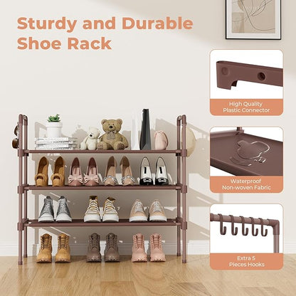 LANTEFUL 3 Tier Shoe Rack for Closet Shoe Organizer with 5 Hooks, Long Shoe Shelf Storage for Shoe and Boot Stackable Free Standing Shoe Rack for Entryway, Garage, Small Spaces, Dorm, Brown
