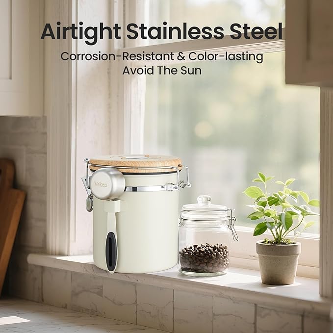Veken Coffee Canister, Airtight Stainless Steel Kitchen Food Storage Container with Date Tracker and Scoop for Beans, Grounds, Tea, Flour, Cereal, Sugar, Cookie, 16OZ, Cream