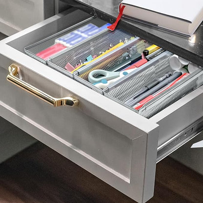 4PCS Drawer Organizer for Kitchen,Utensil Mesh Drawer Organizer with Interlocking Arm for Cosmetic,Flatware,Pen (12 * 3 * 2 Inches,Grey)