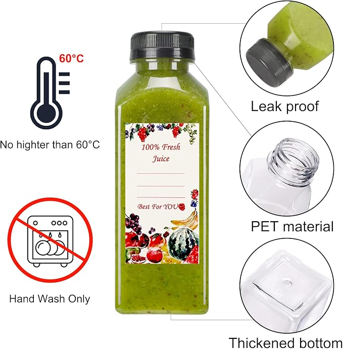SUPERLELE 36pcs 12oz Plastic Juice Bottles with Caps, Reusable Juicing Bottles, Clear Drink Containers with Lids for Drinking, Smoothie and Other Beverages