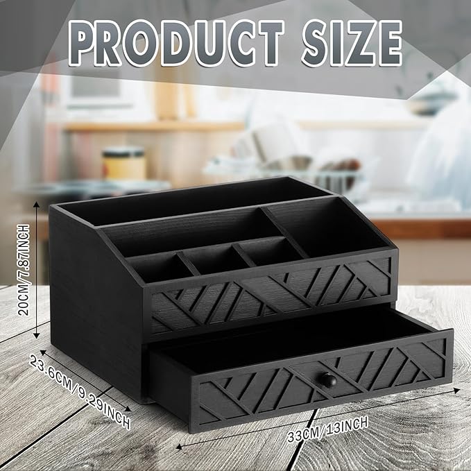 Marsui Paper Plate Dispenser, Wood Rustic Paper Plate Holder for Countertop with Drawer Silverware Utensil Caddy, Cutlery Flatware Organizer for Spoon Fork Napkins Kitchen Parties(Black)