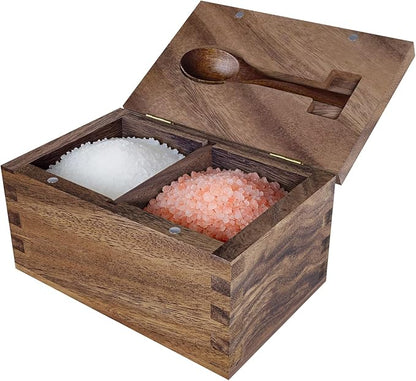Large Capacity Acacia Wood Salt Container with Magnetic Flip Lid & Built-in Spoon, 20 OZ Kitchen Salt Holder, Elegant Salt Cellar Box to Storage Pepper, Herbs, Spice or Favorite Seasonings