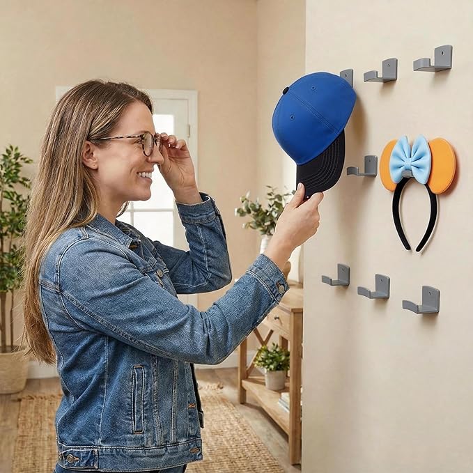 FAYYGYH 24 Packs Wall Cap Hooks, Strong Adhesive Hat Rack, Stylish Home Decor, Two Installation Methods, Hat Display Organizer, Hat Organizer, Wall-Mounted Hat Rack, No Drilling Required (Grey)