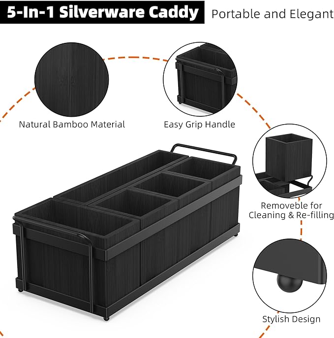 Silverware Caddy for Party, Utensil Caddy with 5 Removable Bins, Bamboo Holder for Organize Plastic Silverware, 7" to 10" Paper Plates, Napkins - Black