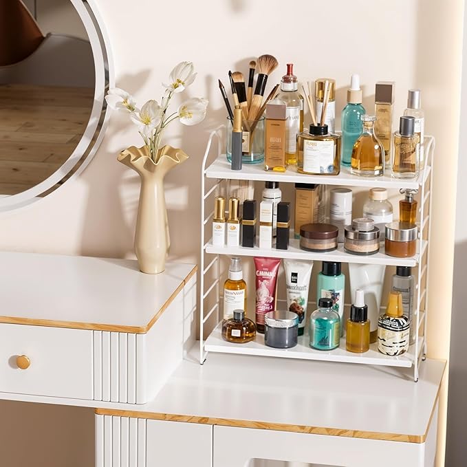 BOIVSHI Bathroom Countertop Organizer, 3-Tier Bathroom Counter Organizer, 8-Levels Height Adjustable, Bathroom Organizer for Kitchen, Livingroom, Office Storage, Metal White