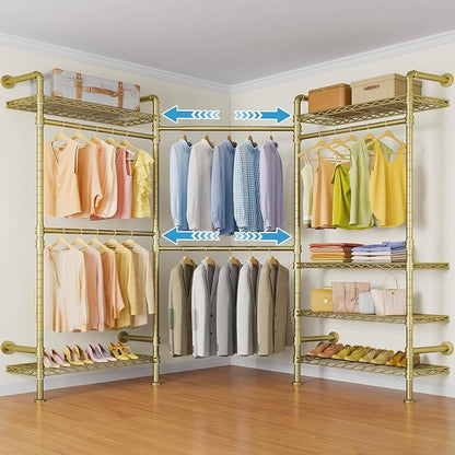 Timate L3 L Shape Gold Heavy Duty Clothes Rack, Industrial Pipe Wall Mounted, Adjustable 6 Shelves, 5 Closet Rods, Space Saving
