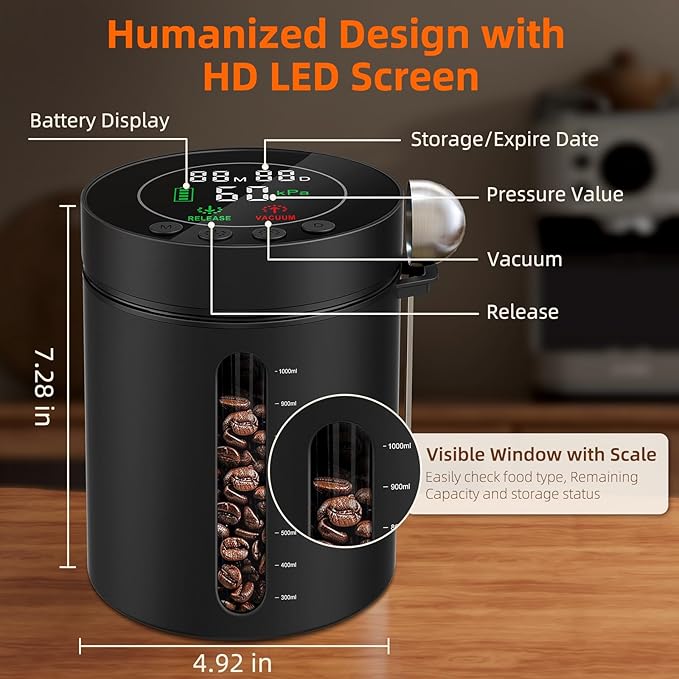 Automatic Vacuum Coffee Canister, 1.3L Coffee Container with Smart Pressure Sensor,LED Display,Window,Scoop Rechargeable Airtight Electric Coffee Bean Storage for Home Kitchen Ground Food Tea Storage