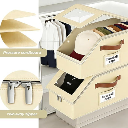 2 Pack Hat Organizer for Women & Men, Foldable Hat Storage Box with Clear Window Lid, Stackable Clear Hat Storage for Baseball, Cowboy Caps, Store up to 28 Caps, Butter Yellow