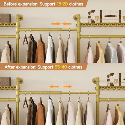 Wall-Mounted 3-Section Closet System, Expandable Industrial Pipe Clothing Rack with 4 Telescopic Rods & 6 Mesh Shelves, Heavy Duty Garment Organizer for Walk-In Closets & Bedrooms, Gold