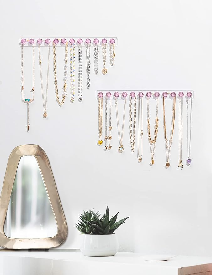 Acrylic Necklaces Holder Wall Mounted Necklace Hangers Hanging Jewelry Organizer with 12 Hooks, Clear Jewelry Hangers for Necklace Organizer for Girls Women, Necklace Hooks for Wall (Pink, 2 Pack)