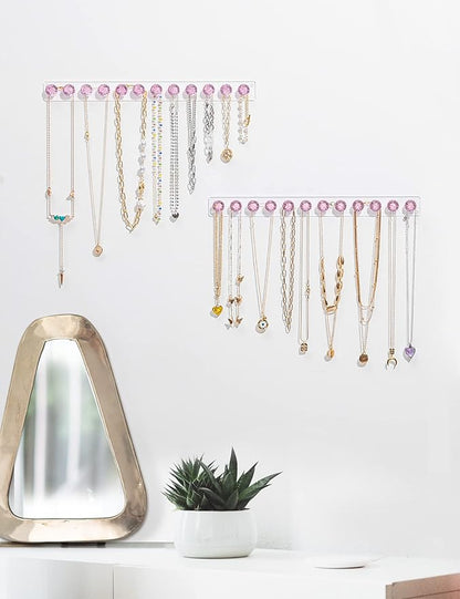 Acrylic Necklaces Holder Wall Mounted Necklace Hangers Hanging Jewelry Organizer with 12 Hooks, Clear Jewelry Hangers for Necklace Organizer for Girls Women, Necklace Hooks for Wall (Pink, 2 Pack)