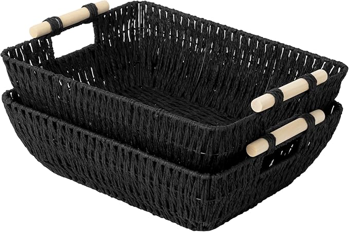 StorageWorks Large Wicker Storage Basket for Organizing, Toilet Paper Baskets for Shelf, Paper Rope Storage Baskets with Wooden Handles, Black, 2-Pack