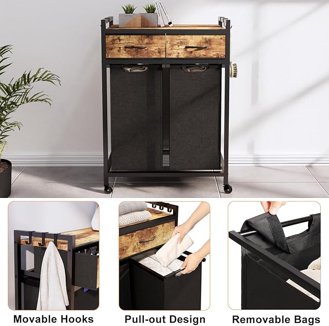 Timberer Laundry Hamper, Laundry Sorter 2 Section, Rolling Laundry Basket with Wheels, 2 Drawers, 2 × 14.5 Gal (55 L), Pull-Out and Removable Oxford Fabric Bags, Black and Rustic Brown