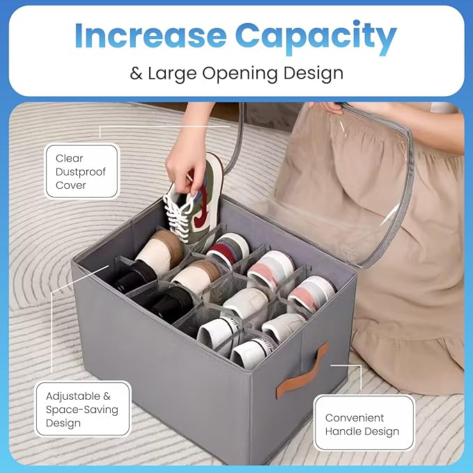 Shoe Organizer for Closet, With 2 Wood Shoes Horn Foldable Shoe Storage Containers Baskets Boxes Bins Adjustable Dividers