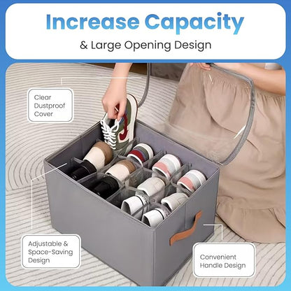 Shoe Organizer for Closet, With 2 Wood Shoes Horn Foldable Shoe Storage Containers Baskets Boxes Bins Adjustable Dividers