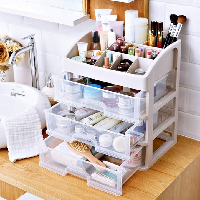 Makeup Organizer with 3 Drawers, Bathroom Vanity Countertop Storage for Cosmetics, Brushes, Lotion, Nail Lipstick and Jewelry (White)