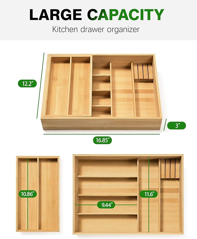 HULISEN Double Layer Bamboo Utensil Drawer Organizer, 2 Tier Silverware Cutlery Drawer Organizer with Sliding Top & Removable Knife Holder, Deep 8-Slot Kitchen Drawer Organizer