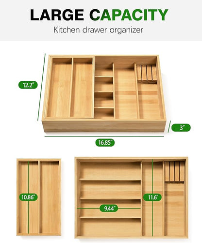 HULISEN Double Layer Bamboo Utensil Drawer Organizer, 2 Tier Silverware Cutlery Drawer Organizer with Sliding Top & Removable Knife Holder, Deep 8-Slot Kitchen Drawer Organizer