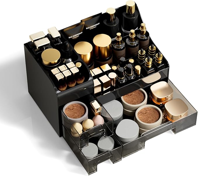 Makeup Organizer with Drawers,Large Cosmetic Storage Box,Countertop Skincare Organizer,ABS Makeup Brush Holder for Bathroom,Desk,Dresser,Multifunctional Beauty Display Case,Black transparent