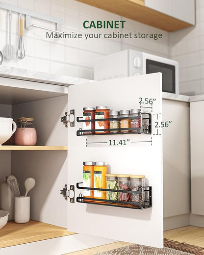 Doakhirmit 4 Pack Wall Mount Spice Rack with 16 Hooks,Hanging Spice Rack Organizer for Stove Cabinet Pantry Door, Screw or Adhesive Wooden Spice Shelf for Kitchen and RV Camper, Black