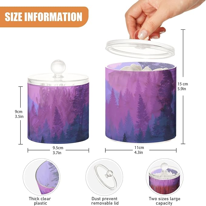 2 Pack Qtip Dispenser Apothecary Jars with Lids Cotton Round Holder Bathroom Canisters for Cotton Swab Floss Ball Pads Clear Plastic Decorative Purple Stag Mountains and Forest